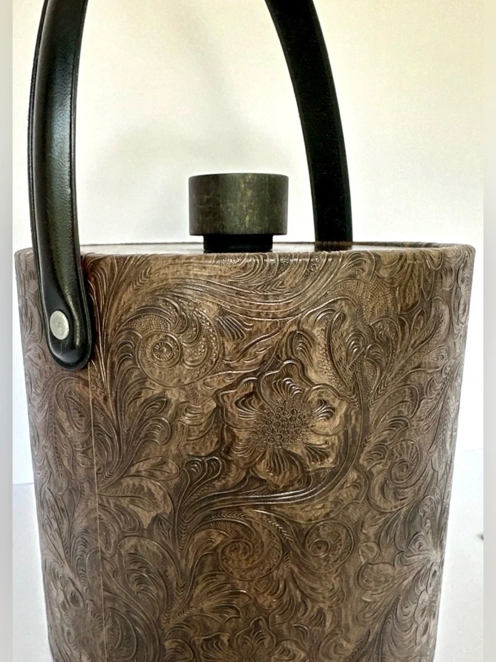 Vintage Irvinware Ice Bucket Brown Tooled Vegan Leather with Lid  Made USA